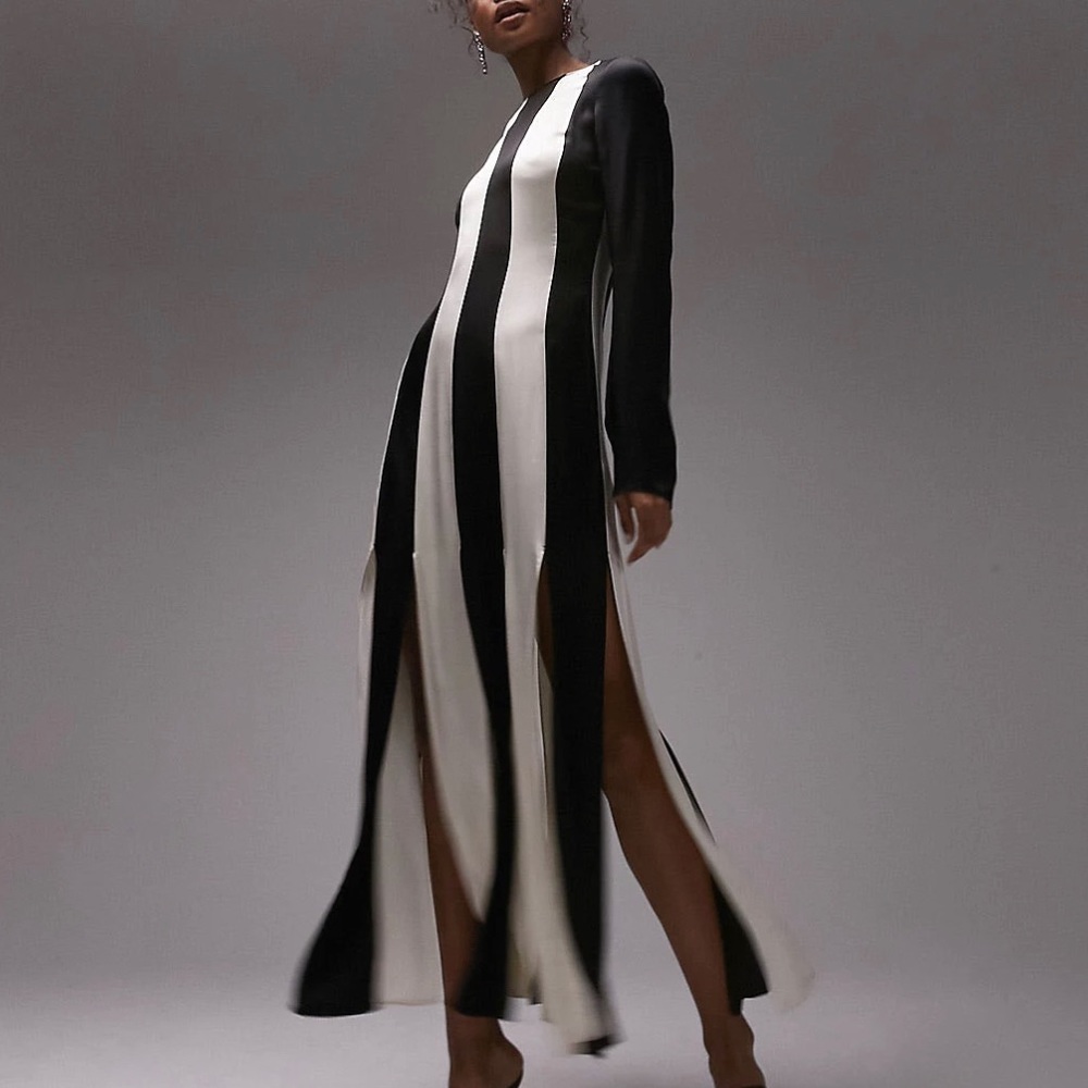 Topshop long sleeve contrast panel midi dress in black and white